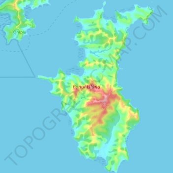 Topografische kaart Ponui Island, hoogte, reliëf