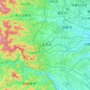 Topografische kaart Hachioji, hoogte, reliëf