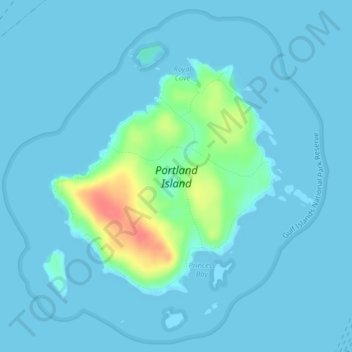 Topografische kaart Portland Island, hoogte, reliëf