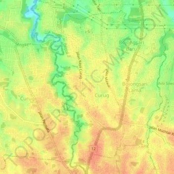 Topografische kaart Curug, hoogte, reliëf