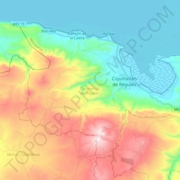 Topografische kaart Cojumatlán de Régules, hoogte, reliëf