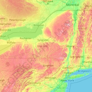 Topografische kaart New York, hoogte, reliëf