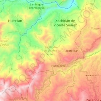 Topografische kaart Xochitlán de Vicente Suárez, hoogte, reliëf
