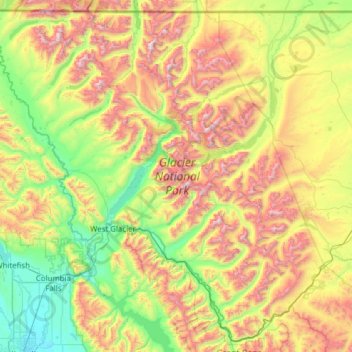 Topografische kaart Glacier National Park, hoogte, reliëf