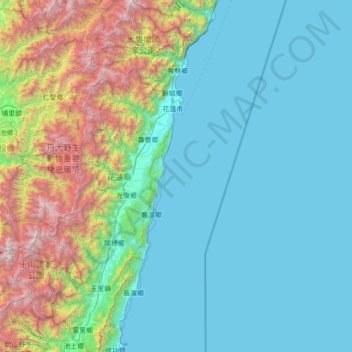 Topografische kaart Hualien, hoogte, reliëf