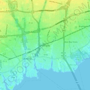 Topografische kaart West Islip, hoogte, reliëf