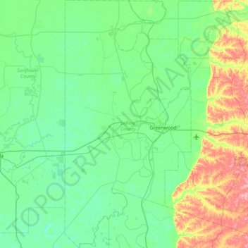 Topografische kaart Leflore County, hoogte, reliëf