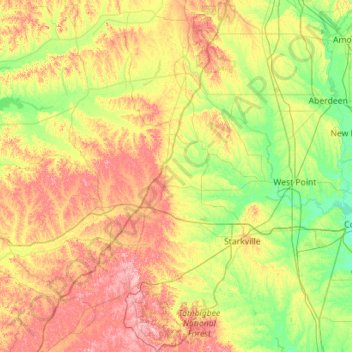 Topografische kaart Tombigbee National Forest, hoogte, reliëf
