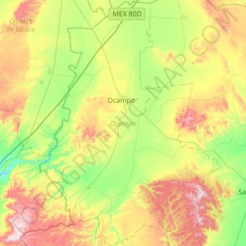 Topografische kaart Ocampo, hoogte, reliëf