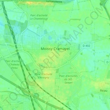 Topografische kaart Moissy-Cramayel, hoogte, reliëf
