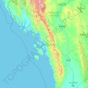 Topografische kaart Rakhine, hoogte, reliëf