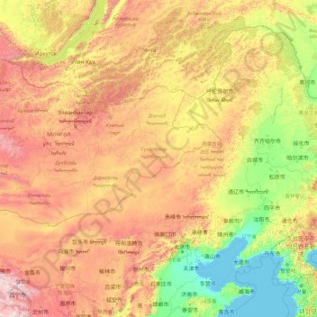 Topografische kaart Binnen-Mongolië, hoogte, reliëf