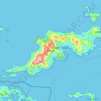 Topografische kaart Tortola, hoogte, reliëf