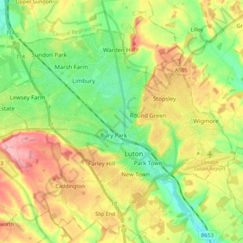 Topografische kaart Borough of Luton, hoogte, reliëf