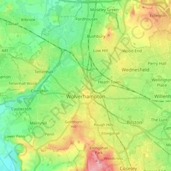 Topografische kaart Wolverhampton, hoogte, reliëf
