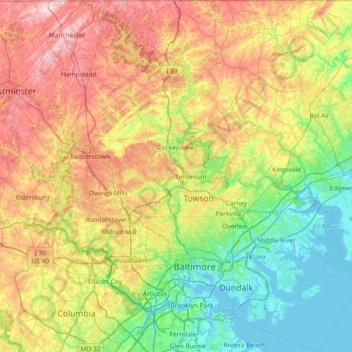 Topografische kaart Condado de Baltimore, hoogte, reliëf