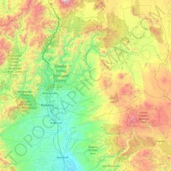 Topografische kaart Shasta County, hoogte, reliëf