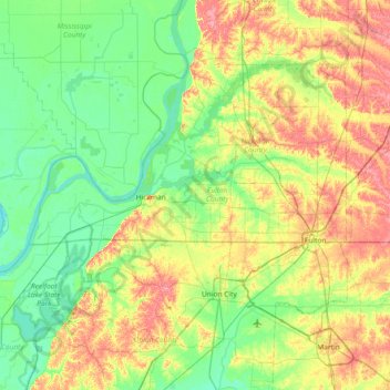 Topografische kaart Fulton County, hoogte, reliëf