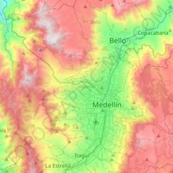 Topografische kaart Medellín, hoogte, reliëf