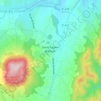 Topografische kaart Saint-Lager-Bressac, hoogte, reliëf