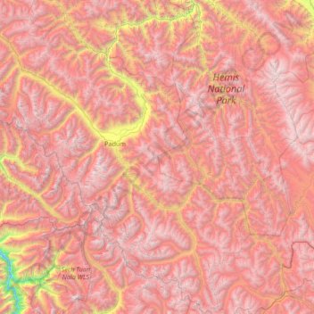 Topografische kaart Zanskar tehsil, hoogte, reliëf