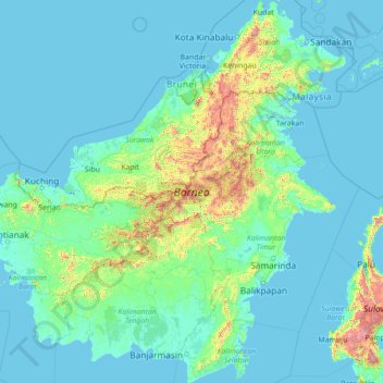 Topografische kaart Borneo, hoogte, reliëf