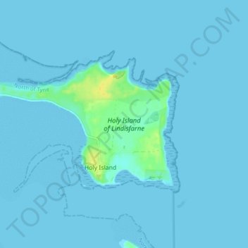 Topografische kaart Lindisfarne, hoogte, reliëf