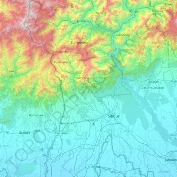 Topografische kaart Darjeeling district, hoogte, reliëf