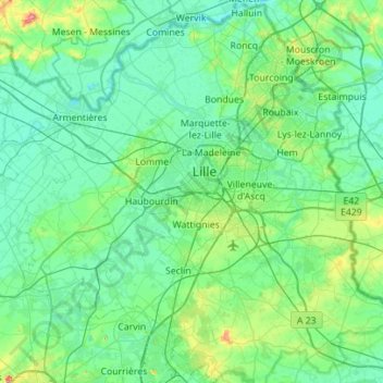 Topografische kaart Lille, hoogte, reliëf