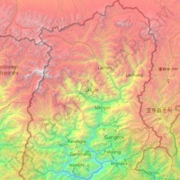 Topografische kaart Sikkim, hoogte, reliëf