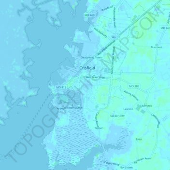 Topografische kaart Crisfield, hoogte, reliëf