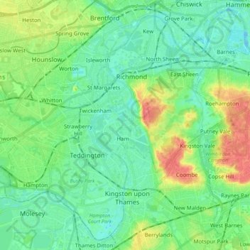 Topografische kaart London Borough of Richmond upon Thames, hoogte, reliëf