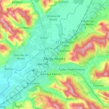 Topografische kaart Târgu Mureș, hoogte, reliëf