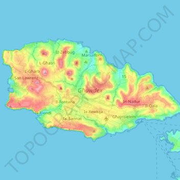 Topografische kaart Gozo, hoogte, reliëf