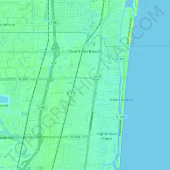 Topografische kaart Deerfield Beach, hoogte, reliëf