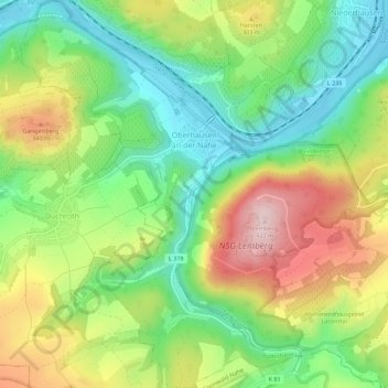 Topografische kaart Oberhausen an der Nahe, hoogte, reliëf