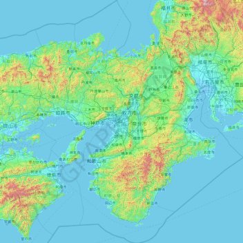 Topografische kaart Kansaï, hoogte, reliëf