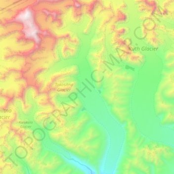 Topografische kaart Tokositna Glacier, hoogte, reliëf