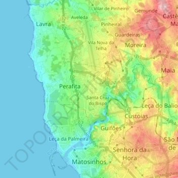 Topografische kaart Matosinhos, hoogte, reliëf