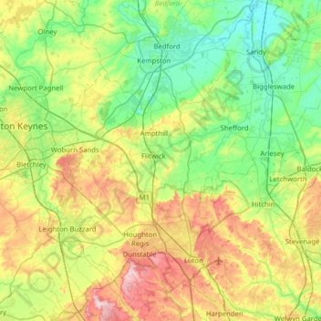 Topografische kaart Central Bedfordshire, hoogte, reliëf
