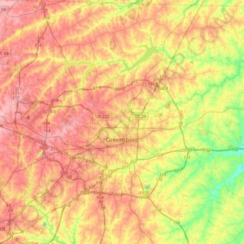 Topografische kaart Greensboro, hoogte, reliëf