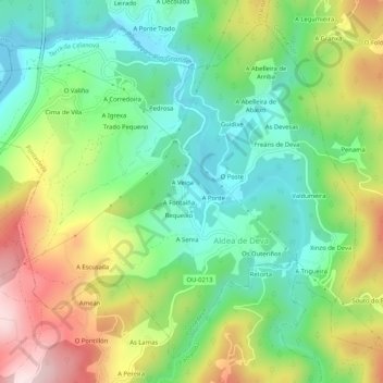 Topografische kaart Pontedeva, hoogte, reliëf