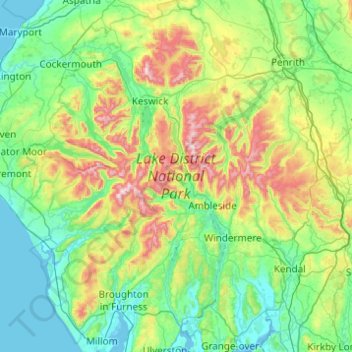 Topografische kaart Lake District National Park, hoogte, reliëf