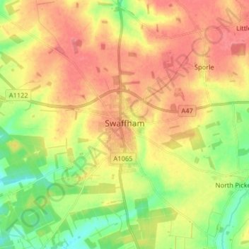 Topografische kaart Swaffham, hoogte, reliëf