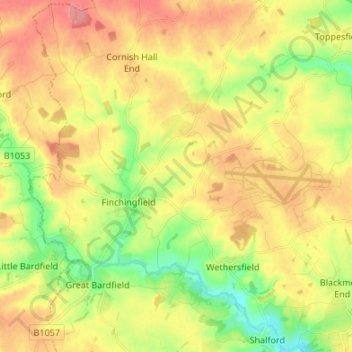 Topografische kaart Finchingfield, hoogte, reliëf