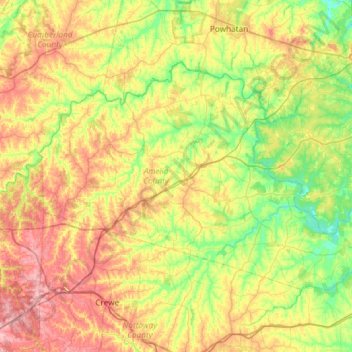 Topografische kaart Amelia County, hoogte, reliëf
