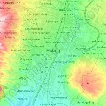 Topografische kaart Malang, hoogte, reliëf