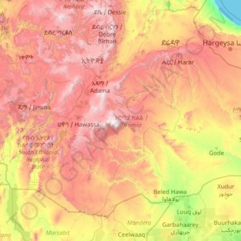 Topografische kaart Oromia, hoogte, reliëf