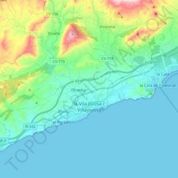Topografische kaart la Vila Joiosa / Villajoyosa, hoogte, reliëf