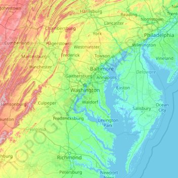 Topografische kaart Maryland, hoogte, reliëf